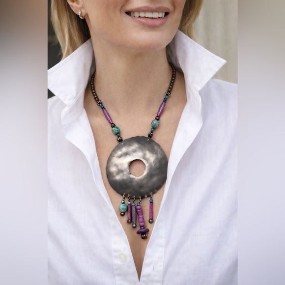None Jewelry - Boho Statement Necklace – Hammered Metal Disc Pendant with Colorful Beads